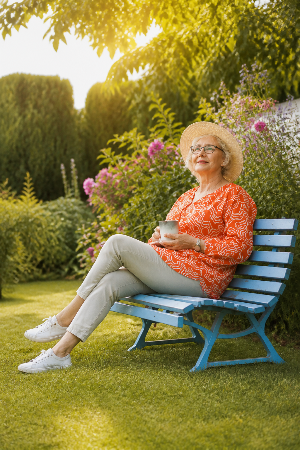 Homeowner relaxing on a garden bench